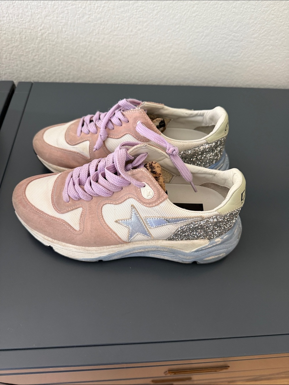 Golden Goose Pink & Lavender Chunky Lace-Up Sneakers with Silver Glitter Heel